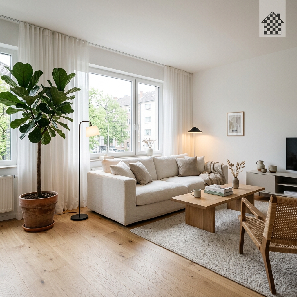 A clean Scandinavian style living room staged with Estiq AI